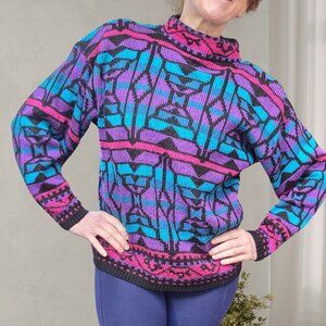Vintage 80s/90s Jamenits Geometric Knit Sweater • Made in USA • Bold Colors